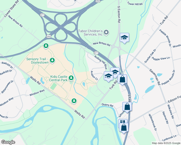 map of restaurants, bars, coffee shops, grocery stores, and more near 35 Avalon Court in Doylestown