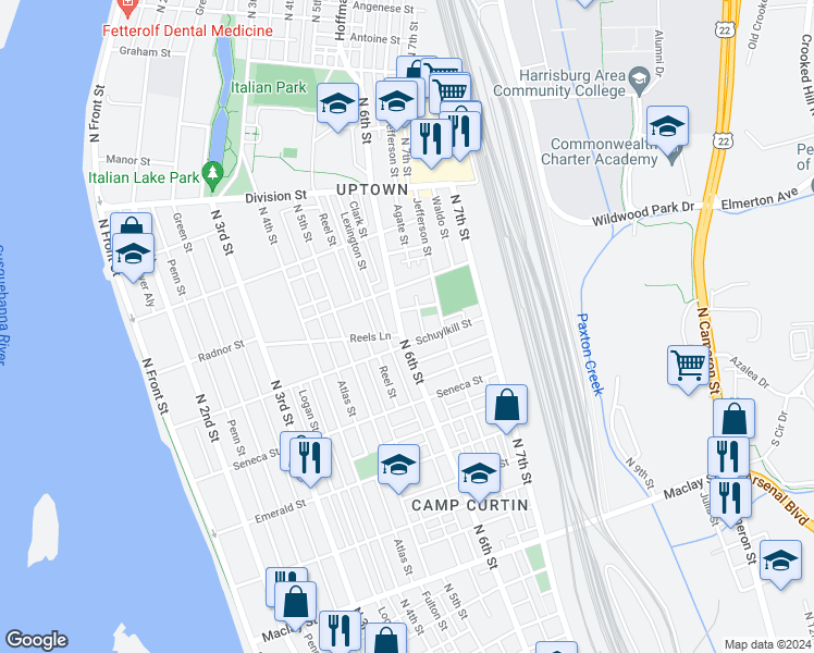 map of restaurants, bars, coffee shops, grocery stores, and more near 2515 North 6th Street in Harrisburg
