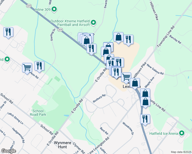 map of restaurants, bars, coffee shops, grocery stores, and more near 3320 East Orvilla Road in Hatfield