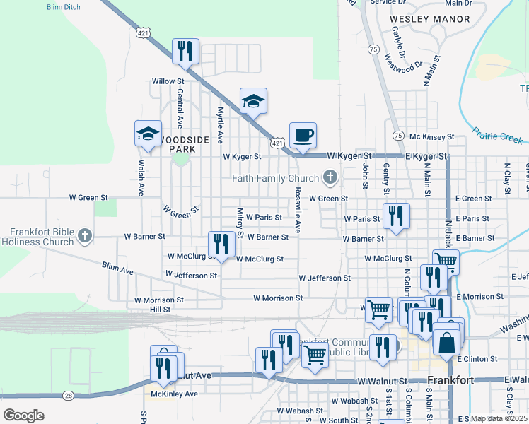 map of restaurants, bars, coffee shops, grocery stores, and more near 905 W Paris St in Frankfort