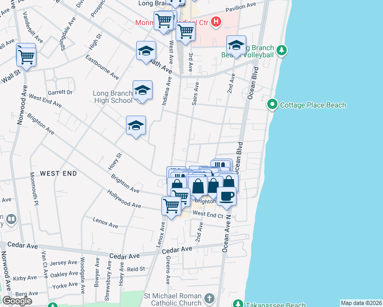 map of restaurants, bars, coffee shops, grocery stores, and more near 135 Hulick Street in Long Branch