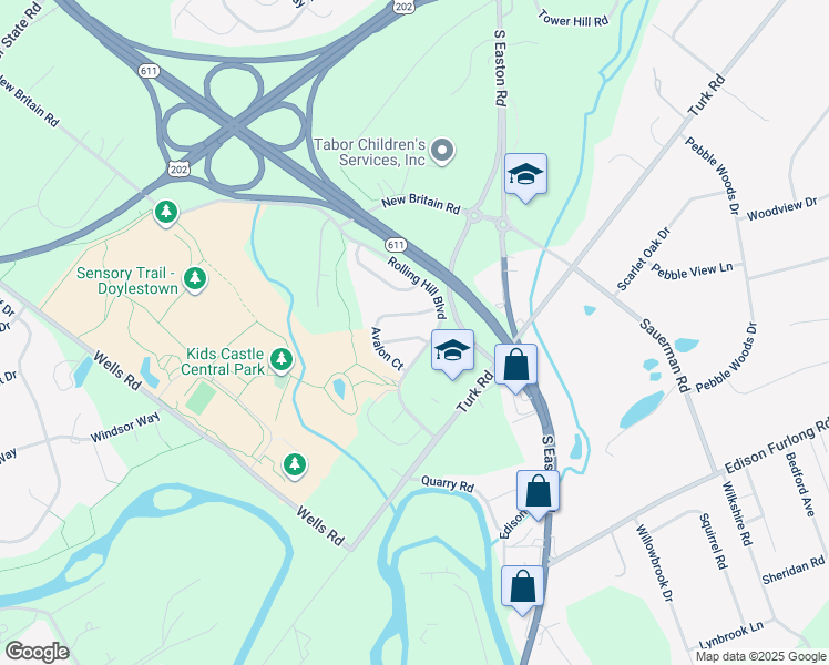 map of restaurants, bars, coffee shops, grocery stores, and more near 31 Addison Court in Doylestown