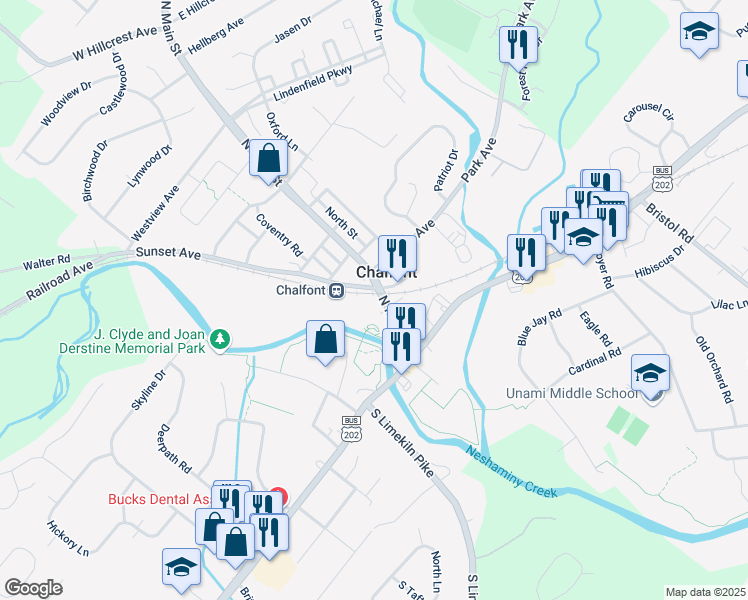 map of restaurants, bars, coffee shops, grocery stores, and more near 32 North Main Street in Chalfont