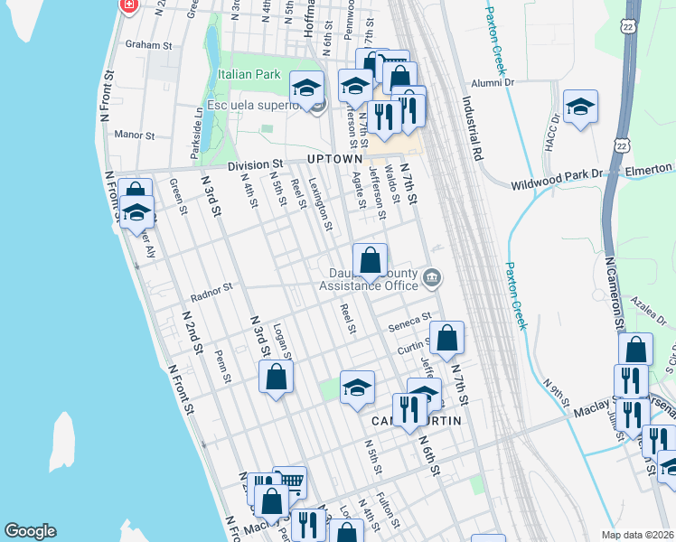 map of restaurants, bars, coffee shops, grocery stores, and more near 548 Lexington Street in Harrisburg