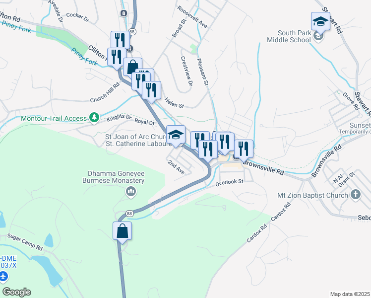 map of restaurants, bars, coffee shops, grocery stores, and more near 6489 Simmons Avenue in South Park Township