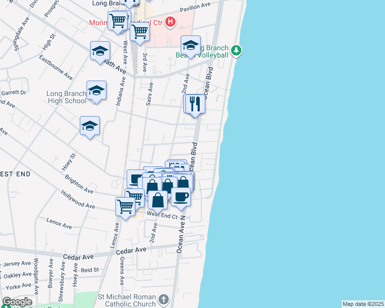 map of restaurants, bars, coffee shops, grocery stores, and more near 48 Howland Avenue in Long Branch