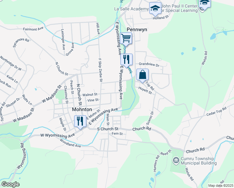 map of restaurants, bars, coffee shops, grocery stores, and more near 173 East Wyomissing Avenue in Mohnton