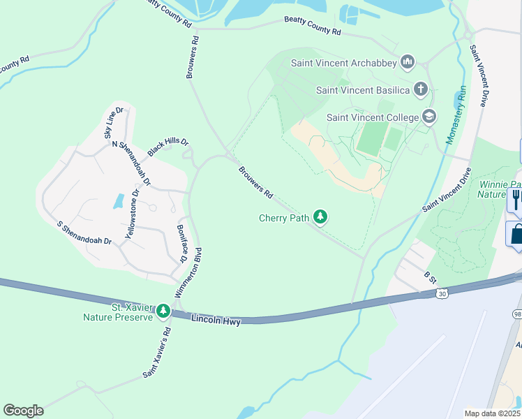 map of restaurants, bars, coffee shops, grocery stores, and more near 500 Brouwers Road in Latrobe