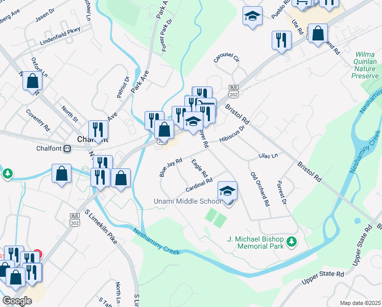 map of restaurants, bars, coffee shops, grocery stores, and more near 165 Blue Jay Road in Chalfont