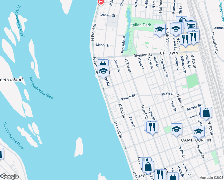 map of restaurants, bars, coffee shops, grocery stores, and more near 2644 North 2nd Street in Harrisburg