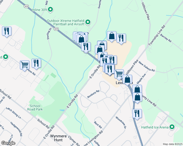 map of restaurants, bars, coffee shops, grocery stores, and more near 3320 East Orvilla Road in Hatfield