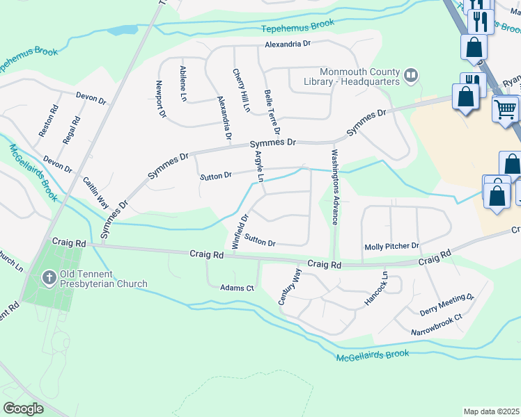 map of restaurants, bars, coffee shops, grocery stores, and more near 13 Chatham Drive in Manalapan Township