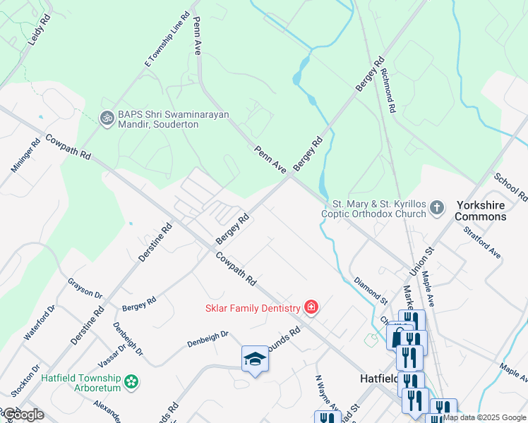 map of restaurants, bars, coffee shops, grocery stores, and more near 2135 Bergey Road in Hatfield