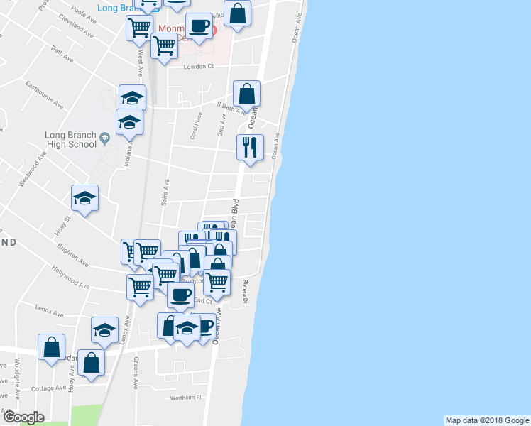 map of restaurants, bars, coffee shops, grocery stores, and more near Ocean Ave & Howland Ave in Long Branch