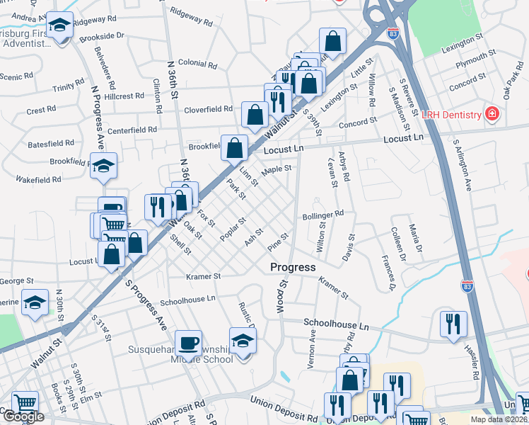 map of restaurants, bars, coffee shops, grocery stores, and more near 301 Park Street in Harrisburg
