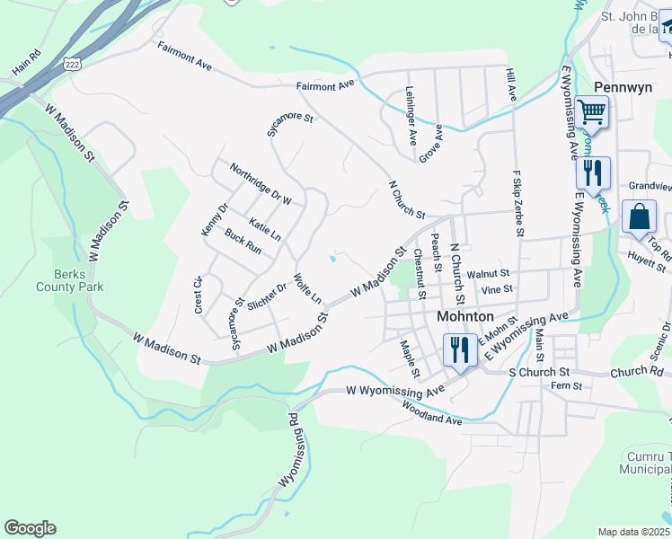 map of restaurants, bars, coffee shops, grocery stores, and more near 70 North Oneil Street in Mohnton