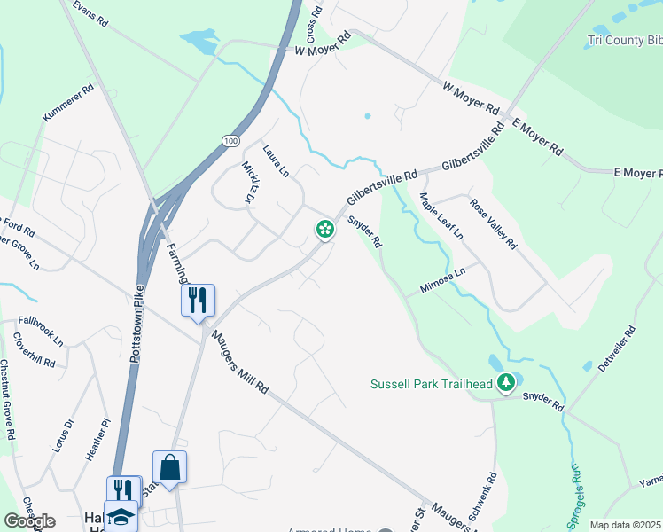 map of restaurants, bars, coffee shops, grocery stores, and more near 1772 Gilbertsville Road in Pottstown