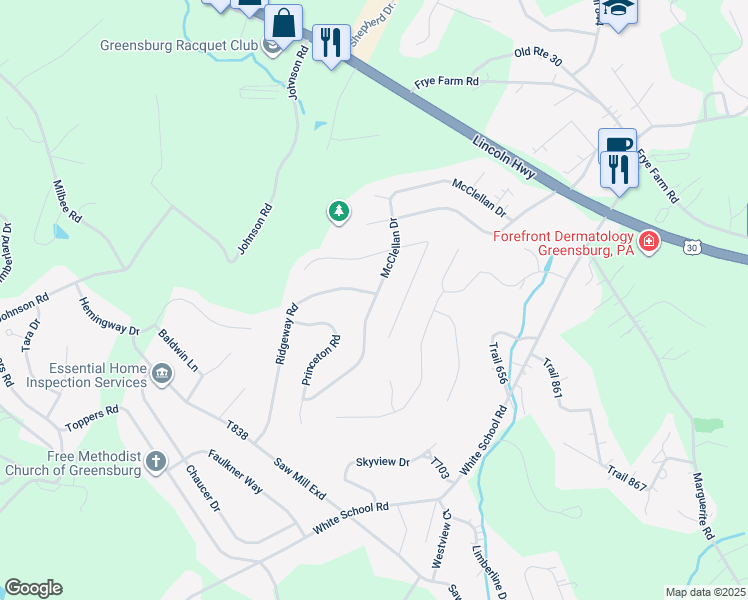 map of restaurants, bars, coffee shops, grocery stores, and more near 3112 McClellan Drive in Greensburg