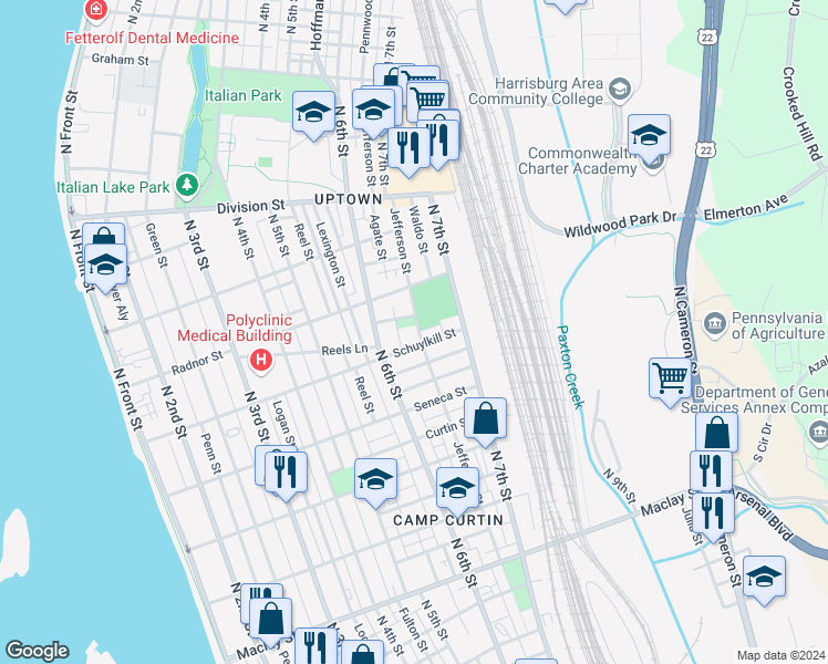 map of restaurants, bars, coffee shops, grocery stores, and more near 2512 Jefferson Street in Harrisburg