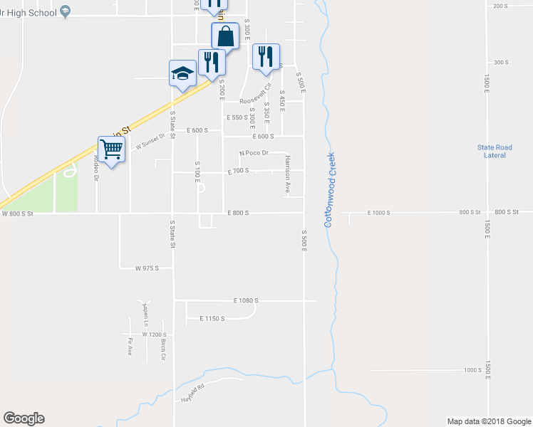 map of restaurants, bars, coffee shops, grocery stores, and more near 310 East 800 South in Roosevelt
