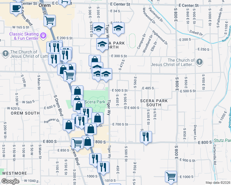 map of restaurants, bars, coffee shops, grocery stores, and more near 512 South 450 East in Orem
