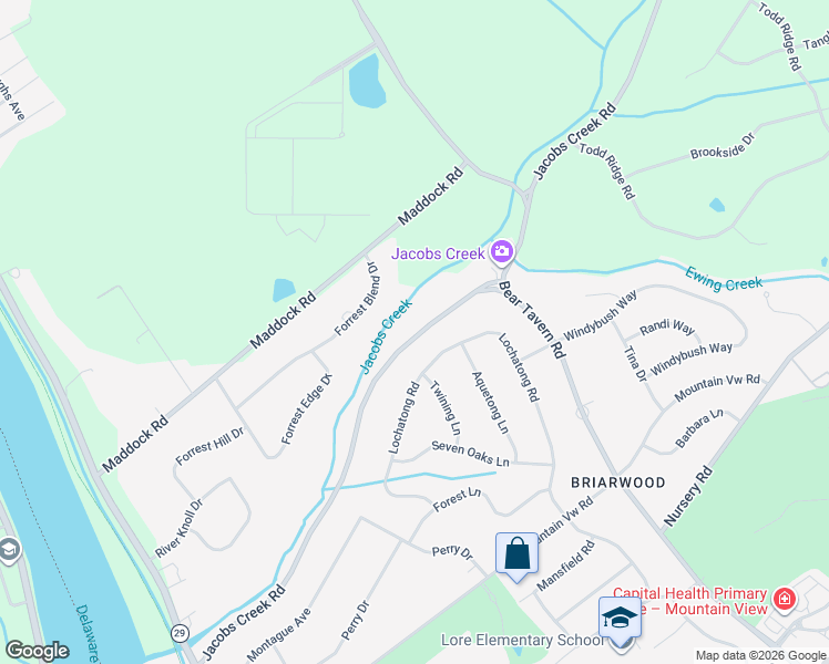 map of restaurants, bars, coffee shops, grocery stores, and more near 64 Lochatong Road in Ewing Township