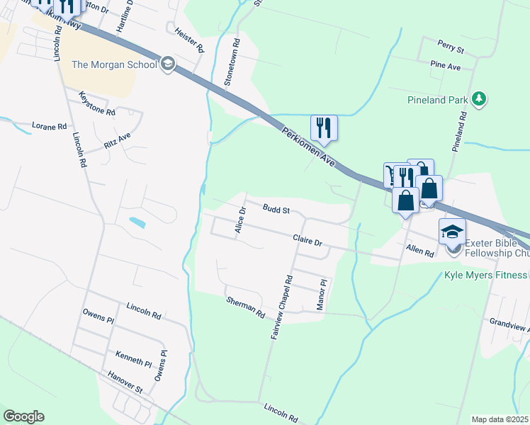 map of restaurants, bars, coffee shops, grocery stores, and more near 280 Budd Street in Birdsboro