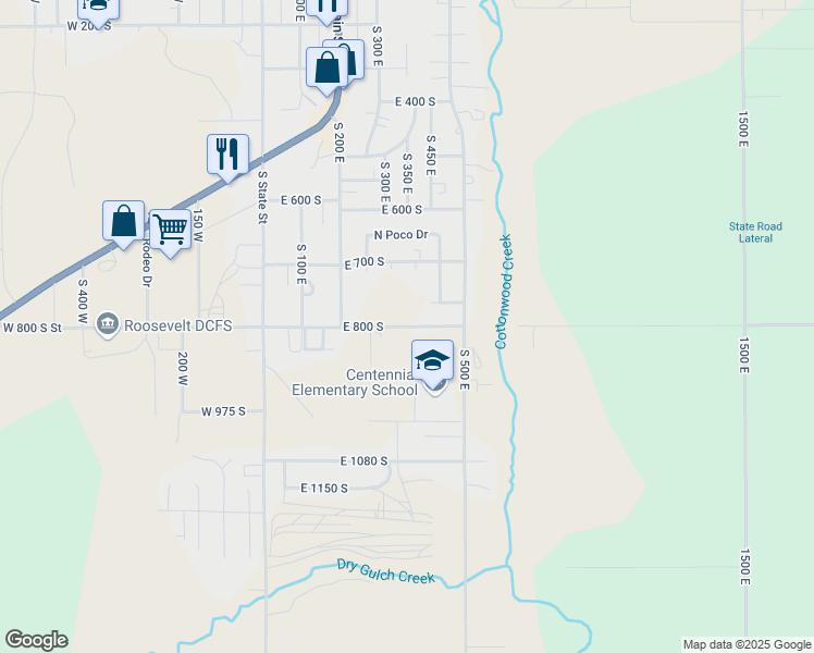 map of restaurants, bars, coffee shops, grocery stores, and more near 311 East 800 South in Roosevelt
