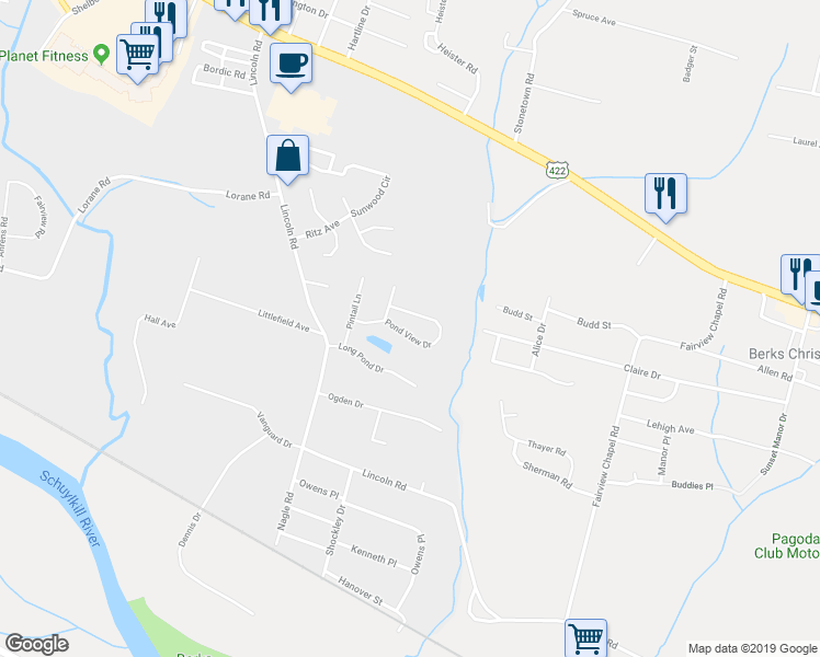 map of restaurants, bars, coffee shops, grocery stores, and more near 6121 Pond View Drive in Birdsboro