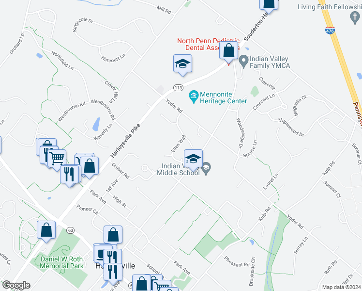 map of restaurants, bars, coffee shops, grocery stores, and more near 124 Ellen Way in Harleysville