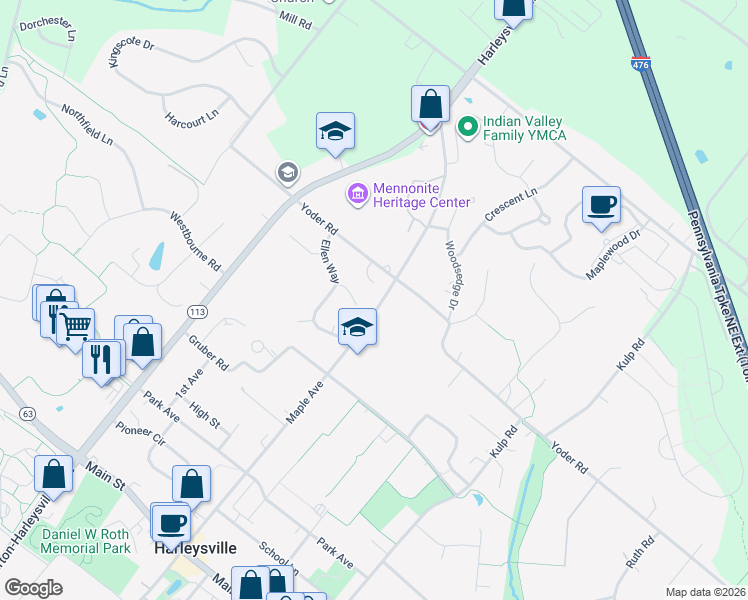 map of restaurants, bars, coffee shops, grocery stores, and more near 506 Devon Circle in Harleysville