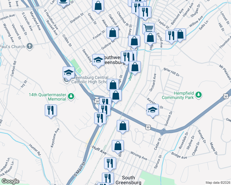 map of restaurants, bars, coffee shops, grocery stores, and more near in Southwest Greensburg