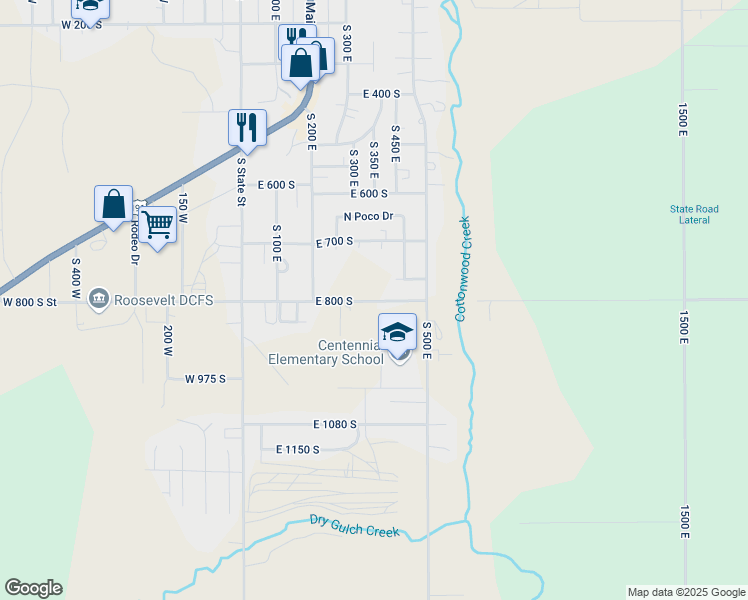 map of restaurants, bars, coffee shops, grocery stores, and more near 311 East 800 South in Roosevelt