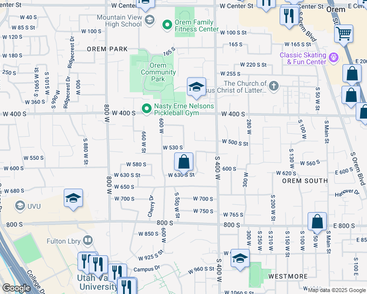 map of restaurants, bars, coffee shops, grocery stores, and more near 550 South 520 West in Orem
