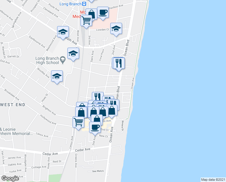 map of restaurants, bars, coffee shops, grocery stores, and more near 49 Passey Gardens in Long Branch
