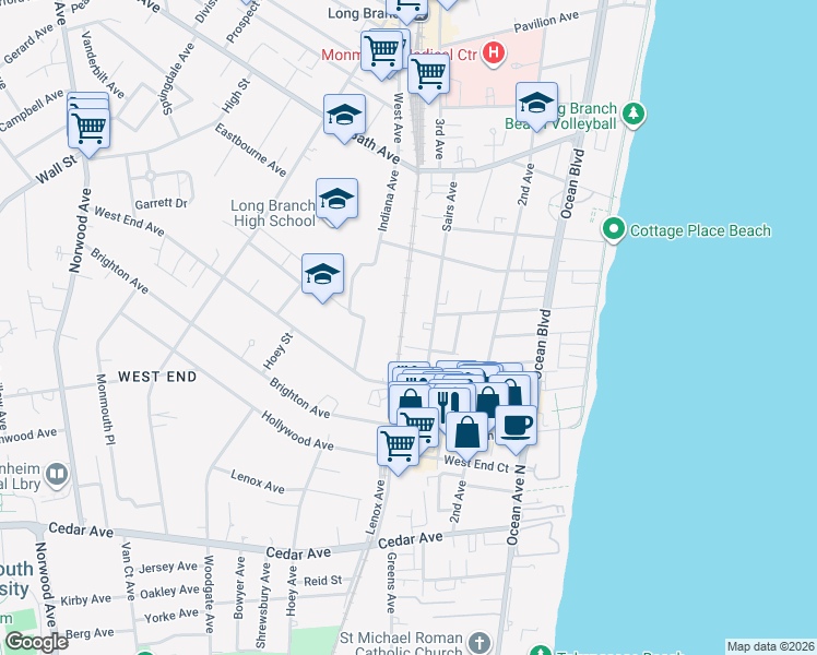 map of restaurants, bars, coffee shops, grocery stores, and more near 156 West End Avenue in Long Branch
