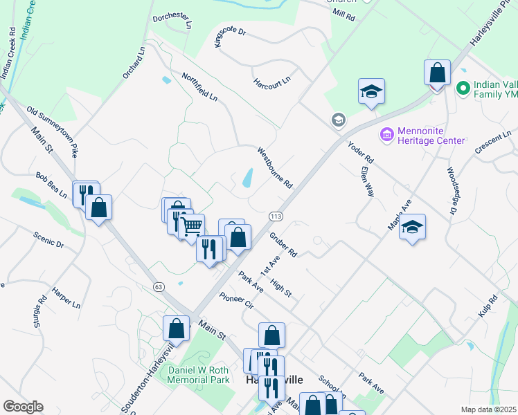 map of restaurants, bars, coffee shops, grocery stores, and more near 607 Alice Lane in Harleysville