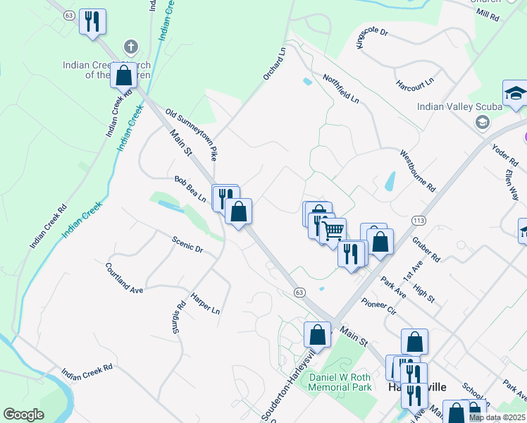 map of restaurants, bars, coffee shops, grocery stores, and more near 665 Main St in Harleysville