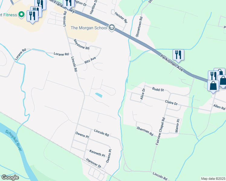 map of restaurants, bars, coffee shops, grocery stores, and more near 6242 Pond View Drive in Birdsboro