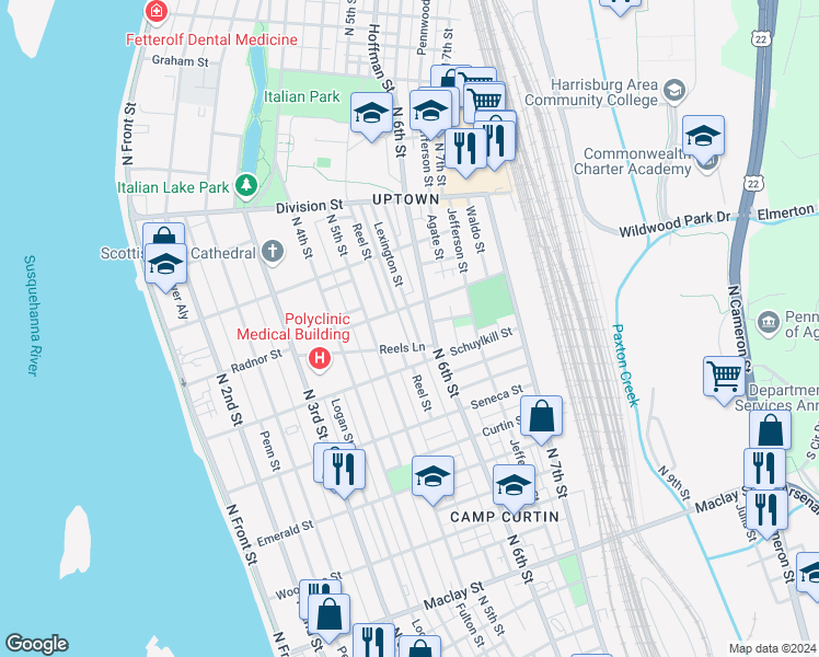 map of restaurants, bars, coffee shops, grocery stores, and more near 548 Lexington Street in Harrisburg