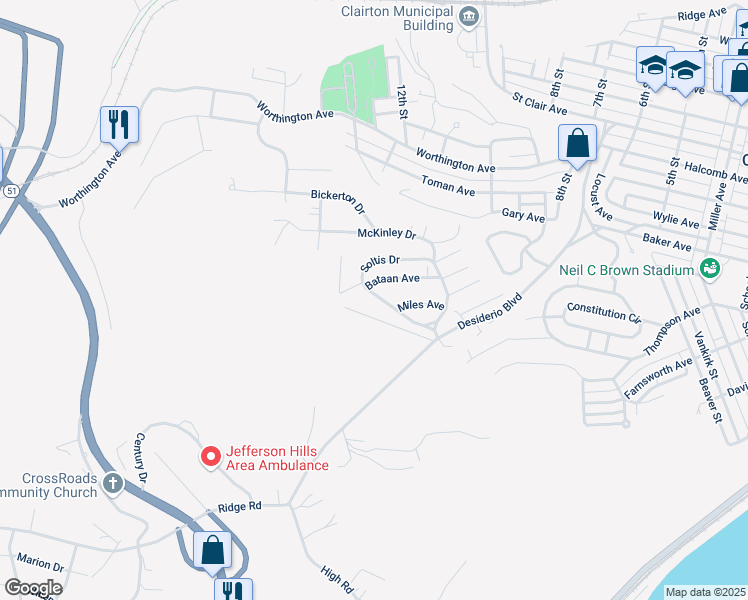 map of restaurants, bars, coffee shops, grocery stores, and more near 38 Soltis Drive in Clairton