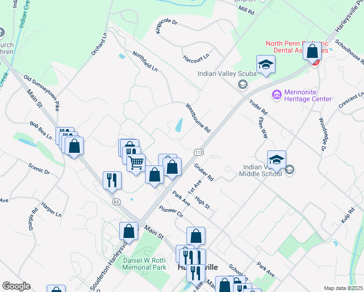 map of restaurants, bars, coffee shops, grocery stores, and more near 606 Alice Lane in Harleysville