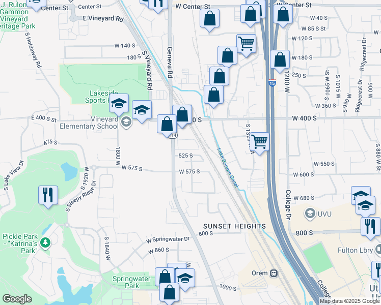 map of restaurants, bars, coffee shops, grocery stores, and more near 1542 525 South in Orem
