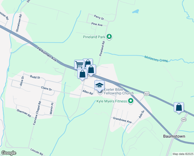 map of restaurants, bars, coffee shops, grocery stores, and more near 6714 Perkiomen Avenue in Birdsboro