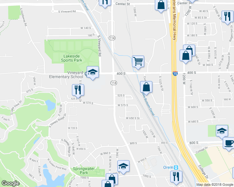 map of restaurants, bars, coffee shops, grocery stores, and more near 1590 525 South in Orem