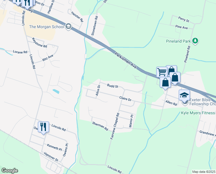map of restaurants, bars, coffee shops, grocery stores, and more near 280 Budd Street in Birdsboro