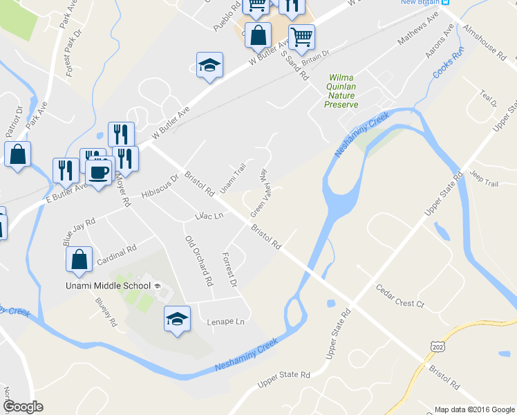 map of restaurants, bars, coffee shops, grocery stores, and more near 211 Green Valley Way in Chalfont