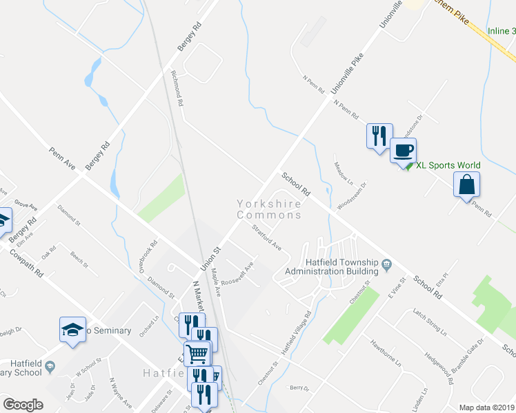 map of restaurants, bars, coffee shops, grocery stores, and more near 2336 Cambridge Circle in Hatfield