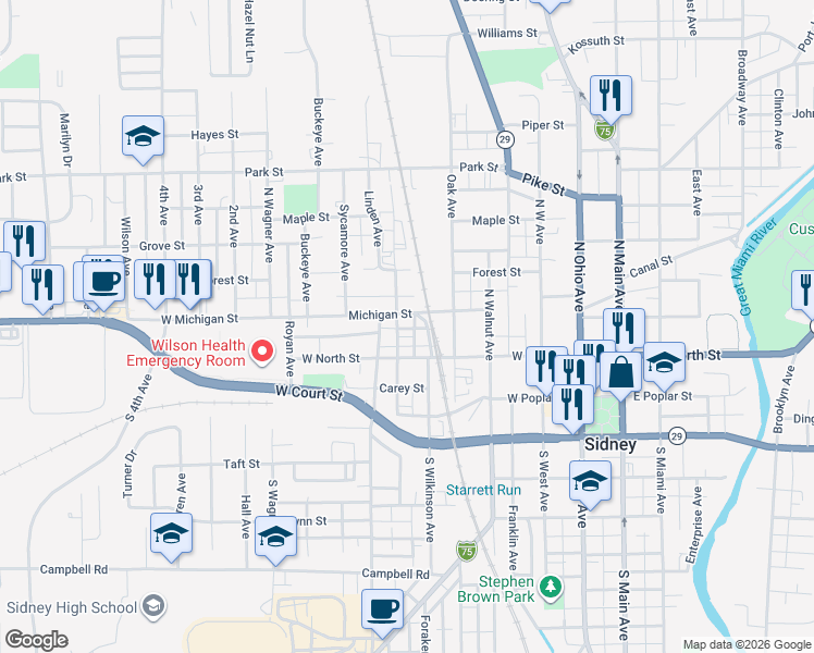 map of restaurants, bars, coffee shops, grocery stores, and more near 500 West North Street in Sidney