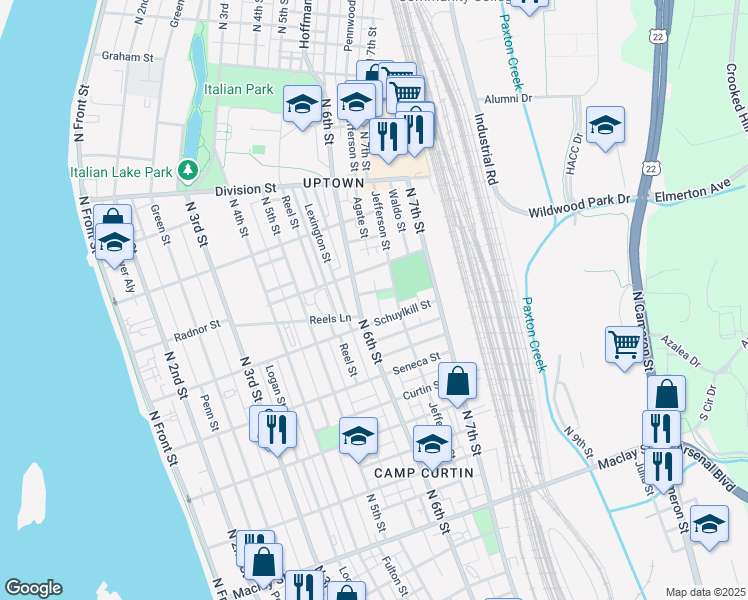 map of restaurants, bars, coffee shops, grocery stores, and more near 2520 Agate Street in Harrisburg